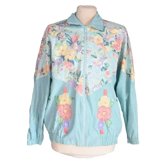 Southern Stitches || Quintessential 80's 90's Pastel Floral Cotton Zip Jacket XS - Picture 1 of 9